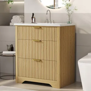 30" Grille Style Freestanding Bathroom Vanity with Sink and 2 Drawers for Bathroom, Natural Oak