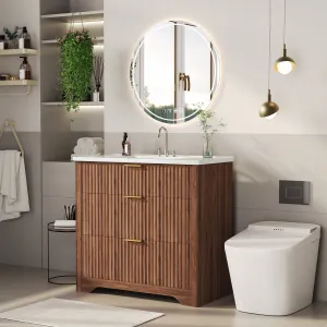 36" Grille Style Freestanding Bathroom Vanity with Sink and 2 Drawers for Bathroom, Walnut