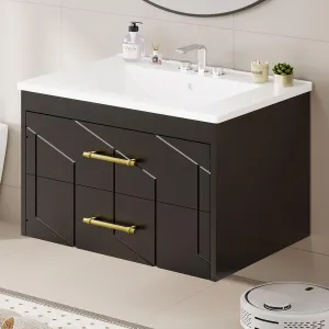 Modern 30" Floating Bathroom Vanity in Humidity-Resistant Design with Soft-Close Drawers and Gold Handles, Black