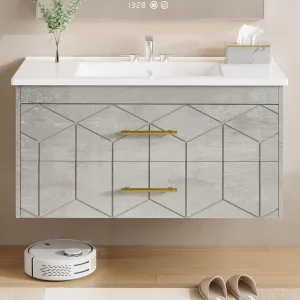 Modern 36" Floating Bathroom Vanity in Humidity-Resistant Design with Soft-Close Drawers and Gold Handles, Grey