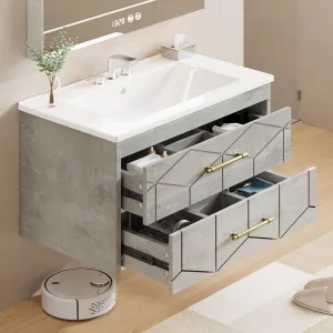 Modern 30" Floating Bathroom Vanity in Humidity-Resistant Design with Soft-Close Drawers and Gold Handles, Grey