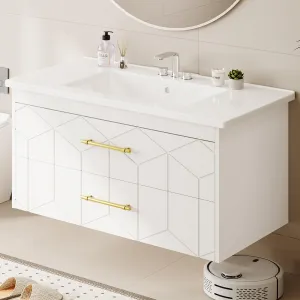 Modern 36" Floating Bathroom Vanity in Humidity-Resistant Design with Soft-Close Drawers and Gold Handles, White
