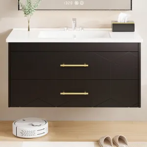 Modern 36" Floating Bathroom Vanity in Humidity-Resistant Design with Soft-Close Drawers and Gold Handles, Black