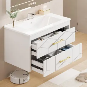 Modern 24" Floating Bathroom Vanity in Humidity-Resistant Design with Soft-Close Drawers and Gold Handles, Whtie