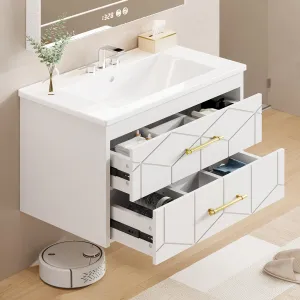 Modern 30" Floating Bathroom Vanity in Humidity-Resistant Design with Soft-Close Drawers and Gold Handles, White