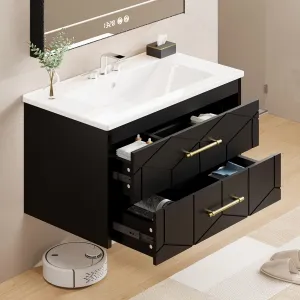 Modern 24" Floating Bathroom Vanity in Humidity-Resistant Design with Soft-Close Drawers and Gold Handles, Black