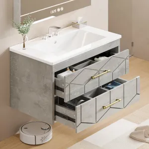 Modern 24" Floating Bathroom Vanity in Humidity-Resistant Design with Soft-Close Drawers and Gold Handles, Grey