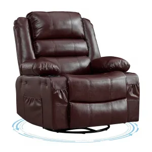 Rocking Recliner Chair for Adults, Wide 360° Swivel Rocker Recliner with Cup Holder, Nursery Glider with Upholstered Deep Seat PU Leather Comfy Single Sofa for Living Room, Coffee