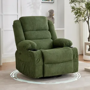 Rocking Recliner Chair for Adults, Wide 360° Swivel Rocker Recliner with Cup Holder Nursery Glider with Upholstered Deep Seat Corduroy Lazy boy Chair for Living Room, Green