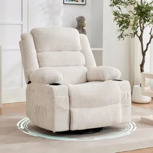 Rocking Recliner Chair for Adults, Wide 360° Swivel Rocker Recliner with Cup Holder Nursery Glider with Upholstered Deep Seat Corduroy Lazy boy Chair for Living Room, Beige