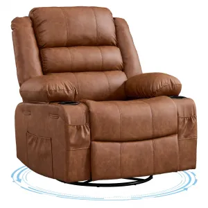 Rocking Recliner Chair for Adults, Oversized 360° Swivel Rocker Recliner with Cup Holder, Nursery Glider with Upholstered Deep Seat PU Leather Comfy Single Sofa for Living Room, Brown