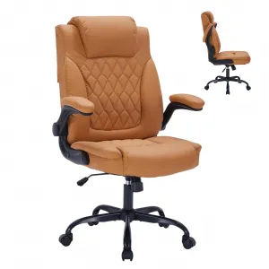 PU Leather Executive Office Desk Chair, 350lbs Capacity Computer Desk Chair with Padded Flip-Up Arms, Tilt Lock & 360° Swivel Free Wheels, Ergonomic Office Chair for Heavy People, Brown