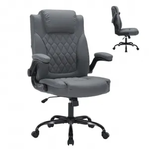 PU Leather Executive Office Desk Chair, 350lbs Capacity Computer Desk Chair with Padded Flip-Up Arms, Tilt Lock & 360° Swivel Free Wheels, Ergonomic Office Chair for Heavy People, Gray