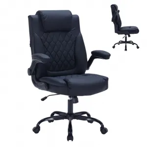 PU Leather Executive Office Desk Chair, 350lbs Capacity Computer Desk Chair with Padded Flip-Up Arms, Tilt Lock & 360° Swivel Free Wheels, Ergonomic Office Chair for Heavy People, Black