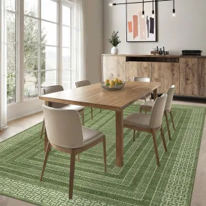 Washable 9x12 Area Rug Green Geometric Bordered Ultra Thin Non Slip Carpet for Living Room Bedroom Dining Room Office