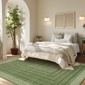 Washable 8x10 Area Rug Green Geometric Bordered Ultra Thin Non Slip Carpet for Living Room Bedroom Dining Room Office