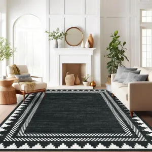 Extra Large Area Rug 10x13 Washable Rug Non Slip Stain-Resistant, Modern Geometric Border Carpet, Non Shedding Low Pile Floor Covering, Soft Neutral Mat for Open Spaces Offices, Black