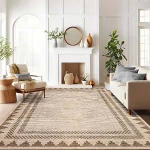 Washable Area Rug 8x10 Modern Neutral Living Room Rug Non Slip, Contemporary Geometric Carpet, Soft Non Shedding Mat, Stain-Resistant Low Pile Neutral Covering for Bedroom Office, Tan