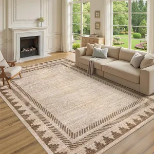 Extra Large Area Rug 10x13 Washable Rug Non Slip, Modern Geometric Border Carpet, Non Shedding Low Pile Stain-Resistant Floor Covering, Soft Neutral Mat for Open Spaces Offices, Tan