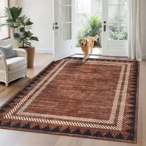 Washable Rugs 5x7 Brown Rug Solid Bordered Geometric Rugs for Living Room, Modern Neutral Carpet with Non Slip TPR Backing, Soft Non Shedding Low Pile Throw Mat for Bedroom Dining Room