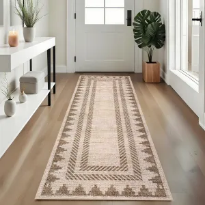 Modern Geometric Runner Rug 2x6 Washable Hallway Runner Unique Bordered Neutral Bathroom Rug Non Slip, Non Shedding Stain-Resistant Kitchen Mat, Soft Low Pile Neutral Carpet for Laundry,Tan