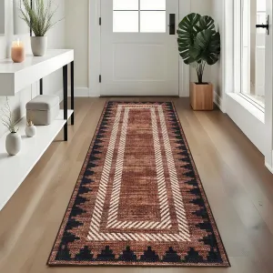 Modern Geometric Runner Rug 2x6 Washable Hallway Runner Rugs Brown Unique Bordered Neutral Bathroom Rug Non Slip, Non Shedding Kitchen Mat, Soft Low Pile Neutral Carpet for Laundry