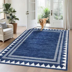 Washable Rug 5x7 Unique Bordered Geometric Rug for Living Room,Modern Neutral Carpet with Non Slip TPR Backing, Soft Non Shedding Floor Covering, Low Pile Foldable Mat for Nursery,Blue