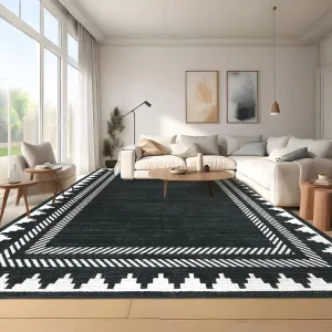 Washable Area Rug 9x12 Black Rugs Unique Bordered Neutral Living Room Rug,Modern Geometric Rug for Farmhouse Non Slip Soft Non Shedding Low Pile Neutral Carpet for Open Spaces Office