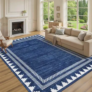 Extra Large Area Rug 10x13 Washable Rug Non Slip, Modern Geometric Border Carpet, Non Shedding Stain-Resistant Floor Covering, Soft Low Pile Neutral Mat for Open Spaces Offices, Blue