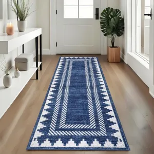 Modern Geometric Runner Rug 2x6 Washable Hallway Runner Bordered Neutral Bathroom Rug Non Slip, Non Shedding Stain-Resistant Kitchen Mat, Soft Low Pile Neutral Carpet for Laundry, Blue