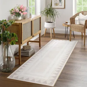 Modern Runner Rug 2x6 Washable Hallway Runner Rugs Bathroom Rug Cream Unique Bordered Neutral Accent Rug Non Slip,Non Shedding Low Pile Kitchen Mat,Soft Low Pile Neutral Carpet for Laundry