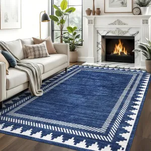 Washable Area Rug 8x10 Modern Neutral Living Room Rug Non Slip, Contemporary Geometric Carpet, Soft Non Shedding Mat, Stain-Resistant Low Pile Neutral Covering for Bedroom Office, Blue