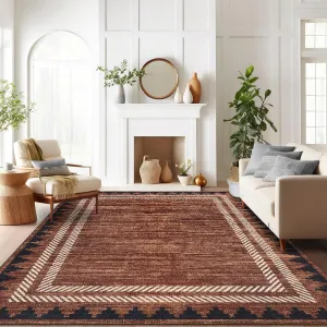 Washable Area Rug 8x10 Modern Neutral Living Room Rug Brown Non Slip,Border Geometric Carpet for Bedroom,Soft Non Shedding Solid Rugs Low Pile Carpet for Farmhouse Dining Room Office