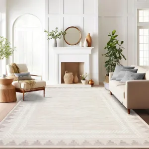 Washable Area Rug 9x12 Beige Rugs Unique Bordered Neutral Living Room Rug,Modern Geometric Rug for Farmhouse Non Slip Soft Non Shedding Low Pile Neutral Carpet for Open Spaces Office