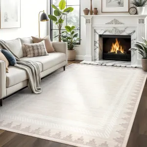 Washable Rugs 5x7 Cream Rug Solid Bordered Geometric Rugs for Living Room, Modern Neutral Carpet with Non Slip TPR Backing, Soft Non Shedding Low Pile Throw Mat for Bedroom Dining Room