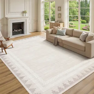 Extra Large Area Rug 10x13 Washable Rug Non Slip Stain-Resistant, Modern Geometric Border Carpet, Non Shedding Low Pile Floor Covering, Soft Neutral Mat for Open Spaces Offices, Cream
