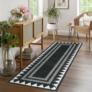 Modern Geometric Runner Rug 2x6 Washable Hallway Runner Rugs Black Unique Bordered Neutral Accent Rug Non Slip, Non Shedding Low Pile Kitchen Mat, Soft Low Pile Neutral Carpet for Laundry