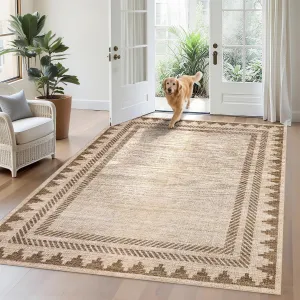 Washable Rugs 5x7 Unique Bordered Geometric Rug for Living Room, Modern Neutral Carpet with Non Slip TPR Backing,Stain-Resistant Non Shedding Floor Covering, Low Pile Foldable Mat for Nursery,Tan