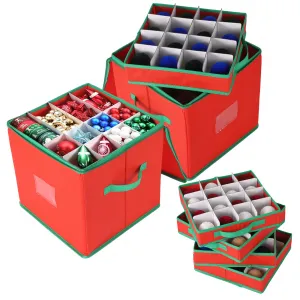 2 Pack Christmas Ornament Storage Box with 128 Compartments, 13x13x13.4 in Foldable Decoration Organizer with Adjustable Dividers & Zippered Lid, for Holiday Ornaments, Baubles, Small Decor