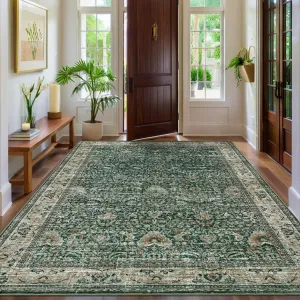 Washable Area Rugs Green 8'X10' Antique Distressed Large Rug for Living Room Non Slip Stain Resistant Vintage Print Carpet