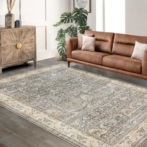Washable Area Rugs Beige Yellow 9'x12' Antique Distressed Large Rug for Living Room Modern Non Slip Stain Resistant Vintage Print Accent Carpet Floor Mat