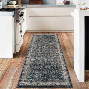 Washable Runner Rugs, Black 2'X6' Antique Distressed Long Rug, Modern Non Slip Stain Resistant Vintage Print Accent Carpet Floor Mat for Living Room Bedroom Dining Office Farmhouse Hallway Entryway