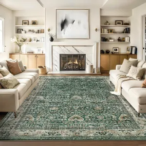 Washable Area Rugs, Green 5'X7' Antique Distressed Large Rug for Living Room, Modern Non Slip Stain Resistant Vintage Print Accent Carpet Floor Mat for Bedroom Dining Office Farmhouse