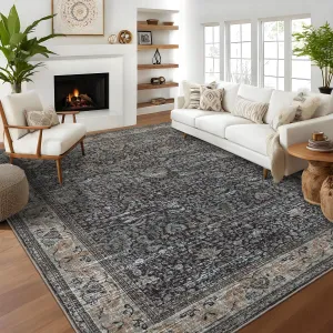 Washable Area Rugs Reddish Brown 8'x10' Antique Distressed Large Rug for Living Room Modern Non Slip Stain Resistant Vintage Print Accent Carpet Floor Mat