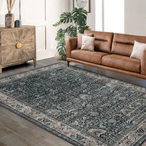 Washable Area Rugs Black 5'x7' Antique Distressed Large Rug for Living Room Modern Non Slip Stain Resistant Vintage Print Carpet