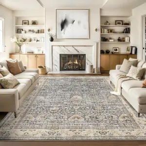 Washable Area Rugs Beige Yellow 8'x10' Antique Distressed Large Rug for Living Room Modern Non Slip Stain Resistant Vintage Print Accent Carpet