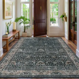 Washable Area Rugs Black 9'X12' Antique Distressed Large Rug for Living Room Modern Non Slip Stain Resistant Vintage Print