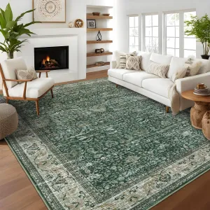 Washable Area Rugs Green 9'X12' Antique Distressed Large Rug for Living Room Non Slip Stain Resistant Vintage Print Carpet