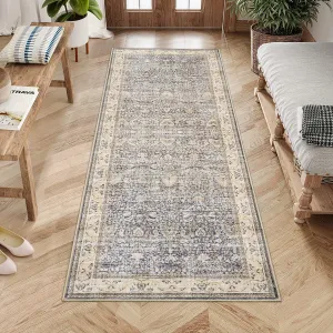 Washable Runner Rugs, Beige Yellow 2'X6' Antique Distressed Long Rug, Modern Non Slip Stain Resistant Vintage Print Accent Carpet for Living Room Bedroom Dining Office Farmhouse Hallway Entryway