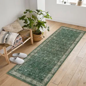 Washable Runner Rugs, Green 2'X6' Antique Distressed Long Rug, Modern Non Slip Stain Resistant Vintage Print Accent Carpet Floor Mat for Living Room Bedroom Dining Office Farmhouse Hallway Entryway